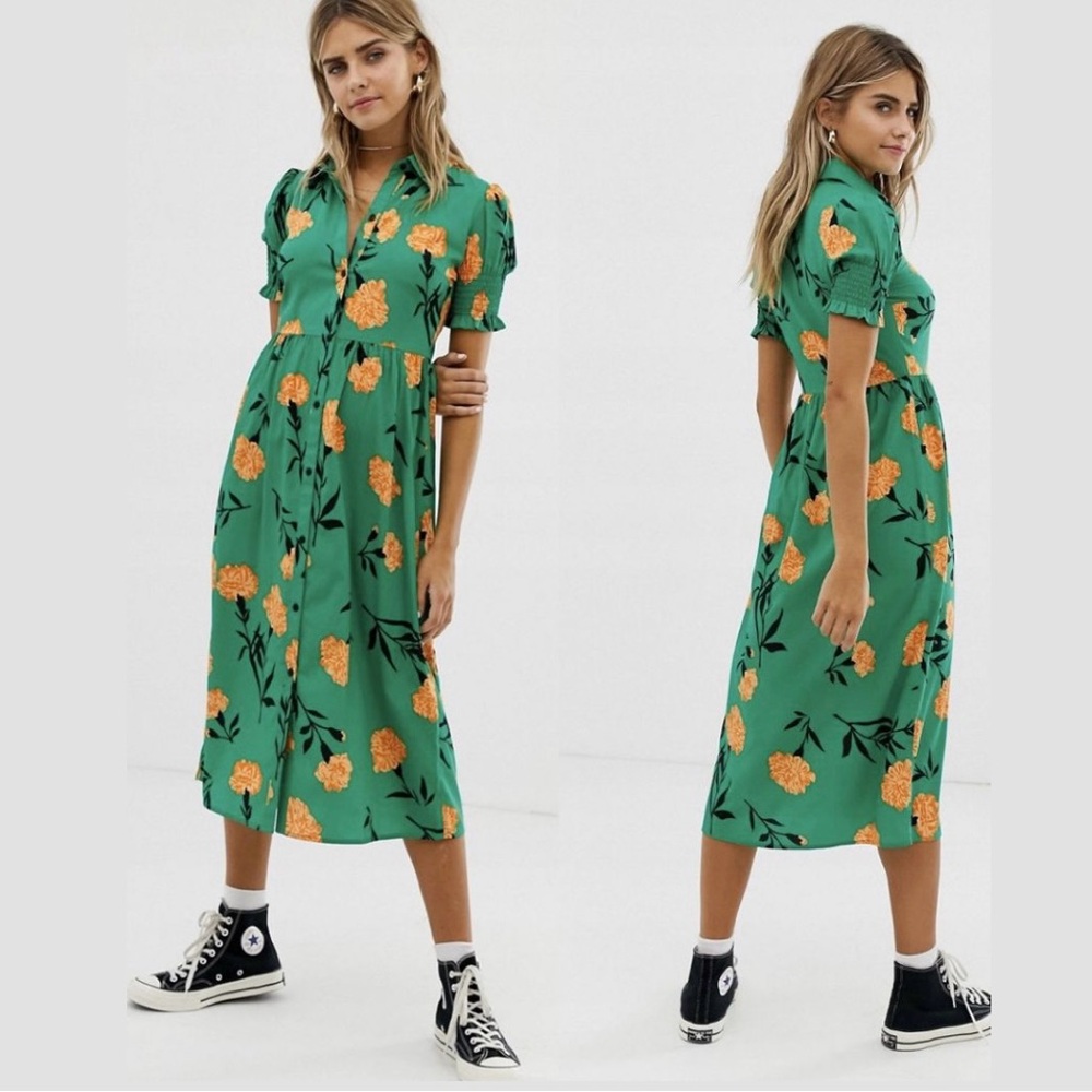 Wednesday’s Girl Green Floral Midi Dress Button Front Size XS